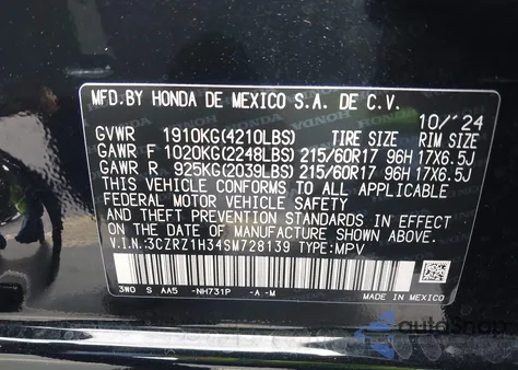 2025 Honda Hr-V 2Wd Lx z USA, uszkodzony, nr VIN 3CZRZ1H34SM728139